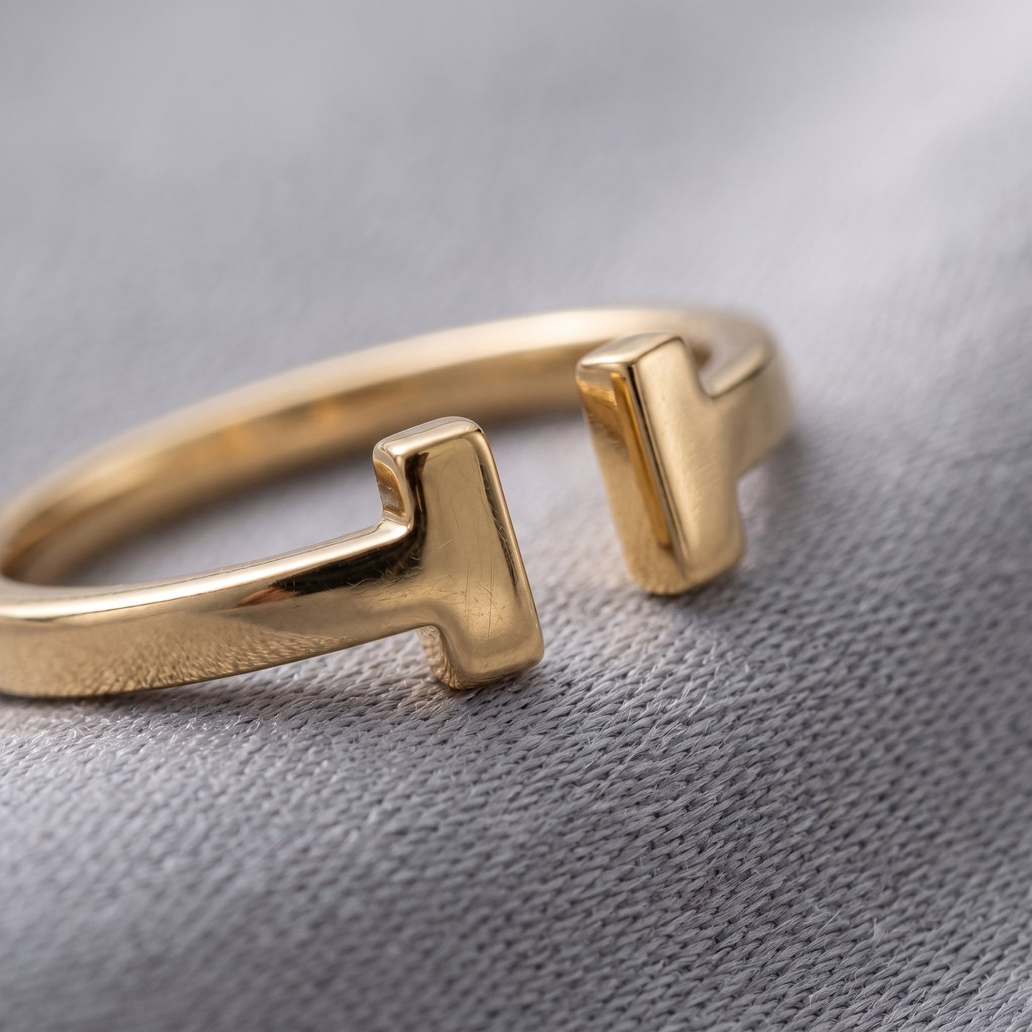 18K Solid Gold Geometric Open Double T Ring