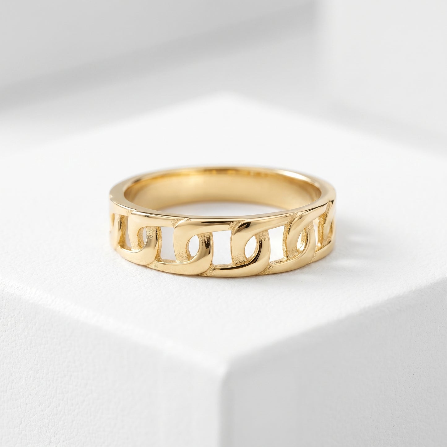 18K Solid Gold Openwork Curb Chain Link Band Ring