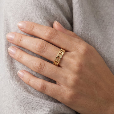 18K Solid Gold Openwork Curb Chain Link Band Ring