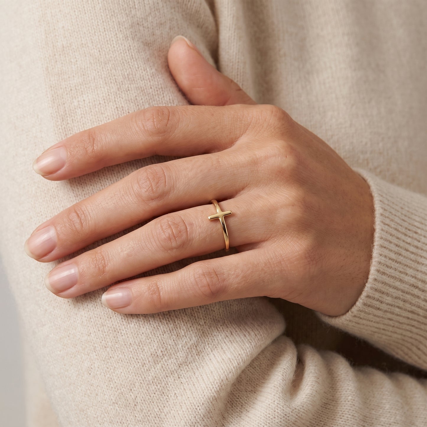 18K Solid Gold Dainty Sideways Cross Ring