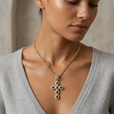 18K Gold Cross Pendant with Green Cubic Zirconia