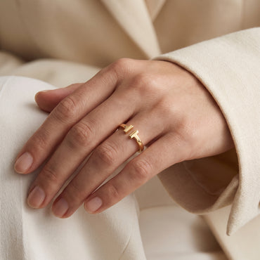18K Solid Gold Geometric Open Double T Ring