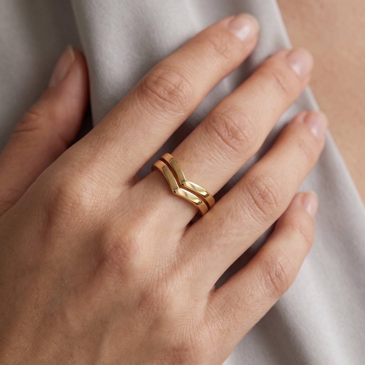 18K Solid Gold Double Chevron V-Shaped Stacking Band