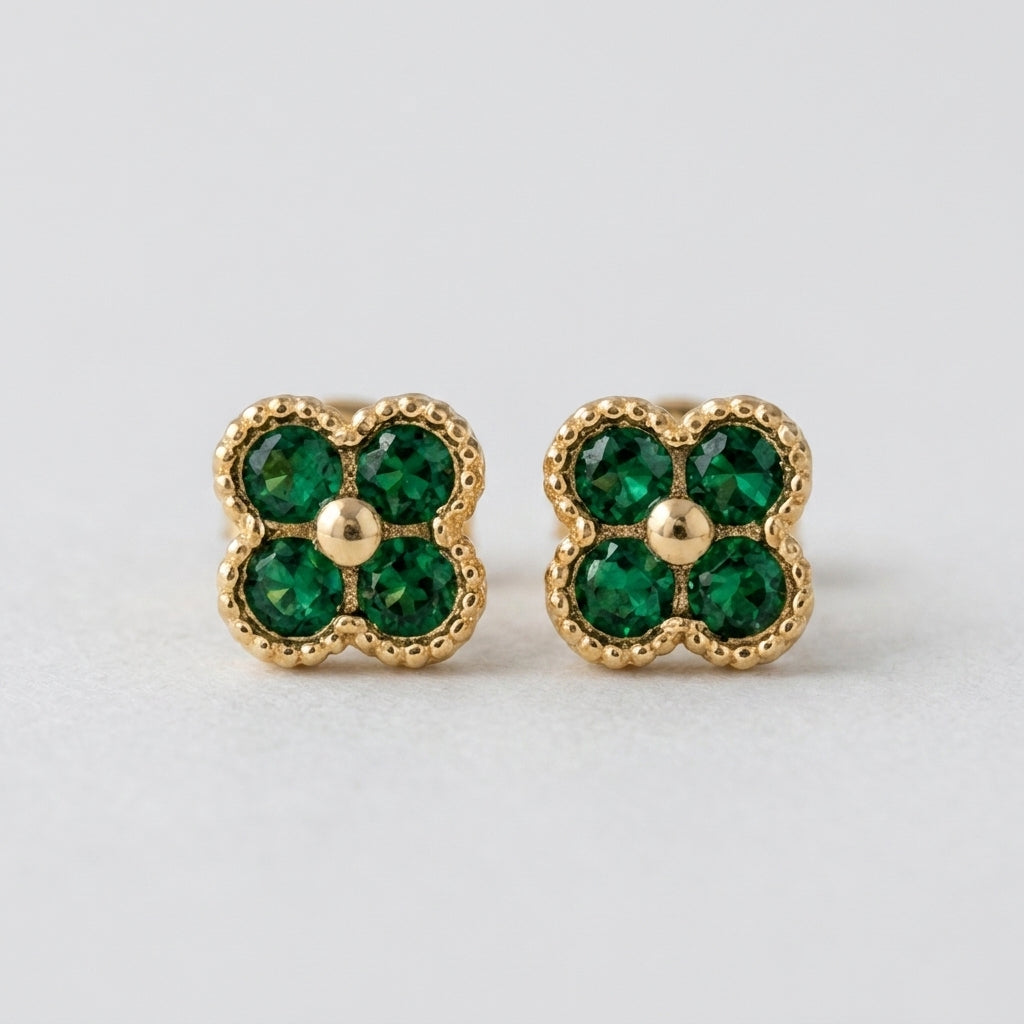 18K Gold Green Clover Stud Earrings