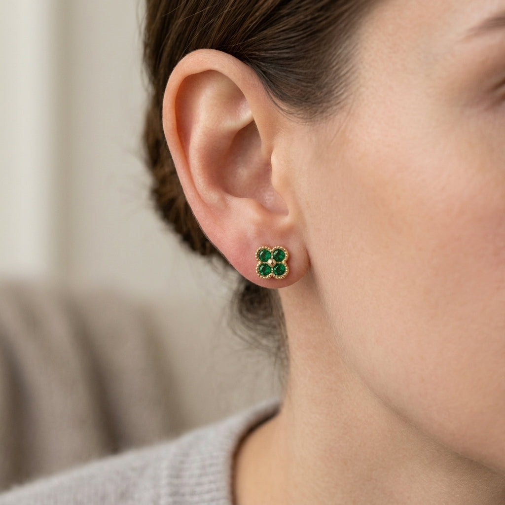 18K Gold Green Clover Stud Earrings