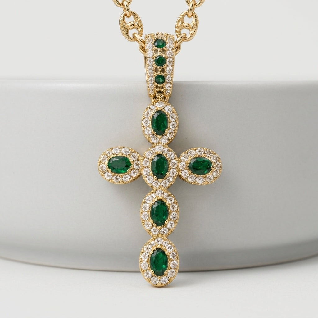 18K Gold Cross Pendant with Green Cubic Zirconia