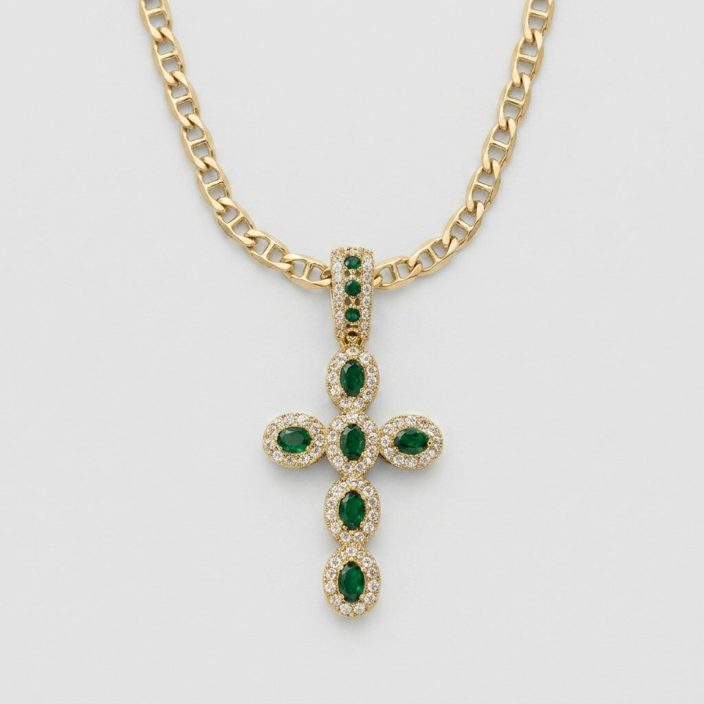 18K Gold Cross Pendant with Green Cubic Zirconia