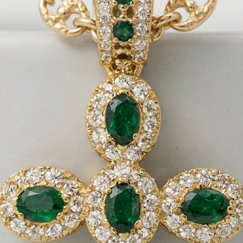 18K Gold Cross Pendant with Green Cubic Zirconia